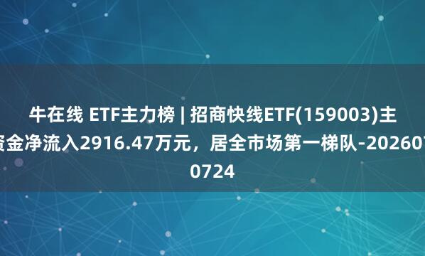 牛在线 ETF主力榜 | 招商快线ETF(159003)主力资金净流入2916.47万元，居全市场第一梯队-20260724